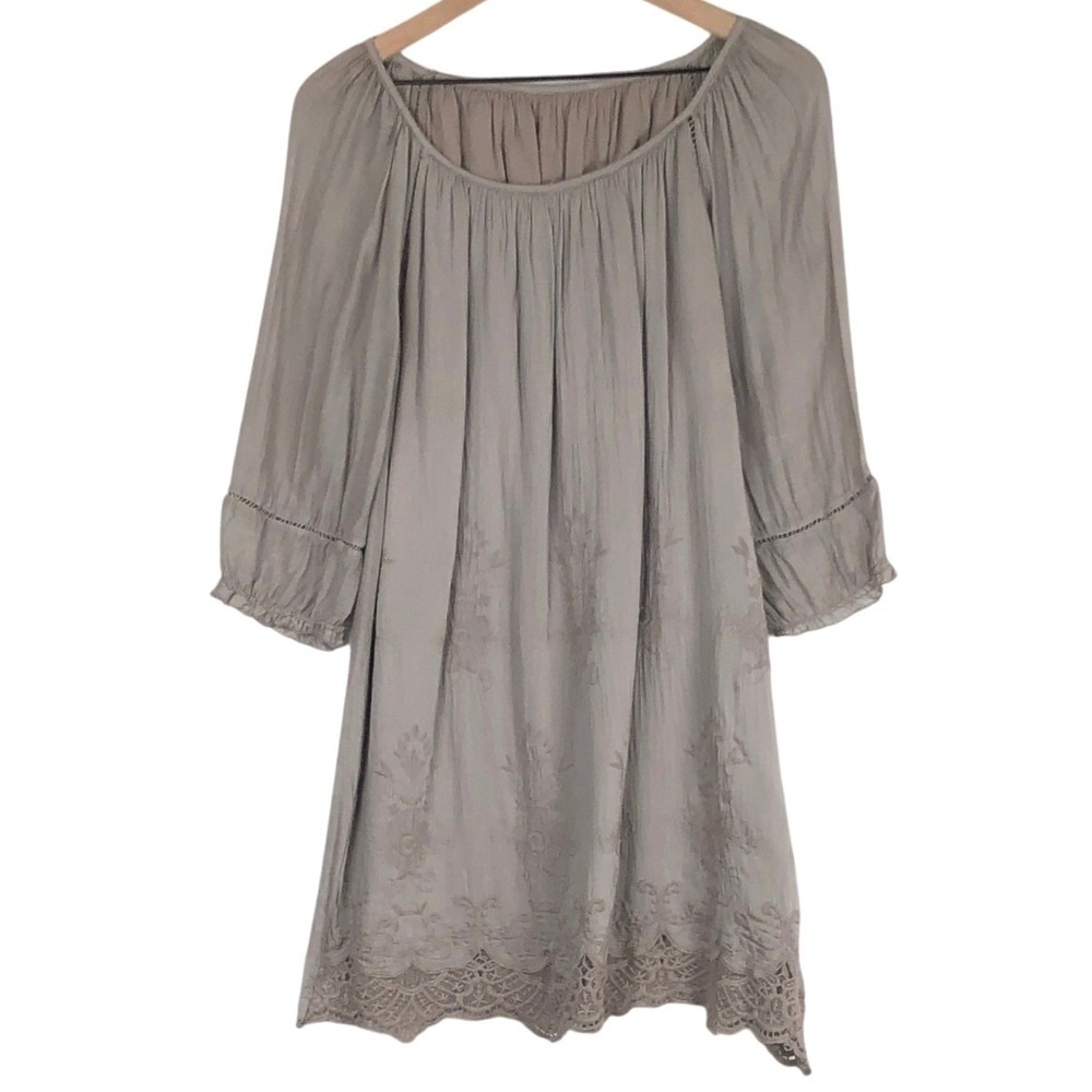 GIULIA Silk Blend Lace Dress Sz L Taupe 3/4 Sleeve Light Weight Knee Length